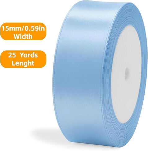 LJY Multicolour Ribbon 0.59 in x 24 Yards, Baby Blue Satin Fabric Silk Ribbon for Gift Wrapping,Floral Bouquets, Wreaths,DIY Handicrafts,Sewing Projects, Wedding Party (Light Blue, 0.59"/24 Yards) in Kuwait