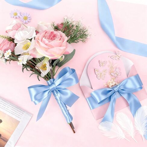 LJY Multicolour Ribbon 0.59 in x 24 Yards, Baby Blue Satin Fabric Silk Ribbon for Gift Wrapping,Floral Bouquets, Wreaths,DIY Handicrafts,Sewing Projects, Wedding Party (Light Blue, 0.59"/24 Yards) in Kuwait