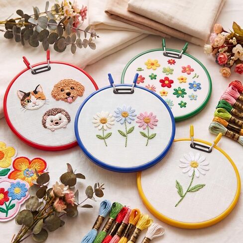 ElaraBerry 4 Pcs 7.7" Metal Spring Tension Embroidery Hoops Red Yellow Blue Green No-Slip Cross Stitch Hoop Circle Round Embroidery Tension Shed for Cross Stitch Needlework Sewing Craft Projects in Saudi Arabia