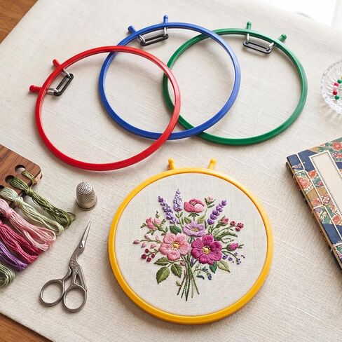 ElaraBerry 4 Pcs 7.7" Metal Spring Tension Embroidery Hoops Red Yellow Blue Green No-Slip Cross Stitch Hoop Circle Round Embroidery Tension Shed for Cross Stitch Needlework Sewing Craft Projects in Saudi Arabia