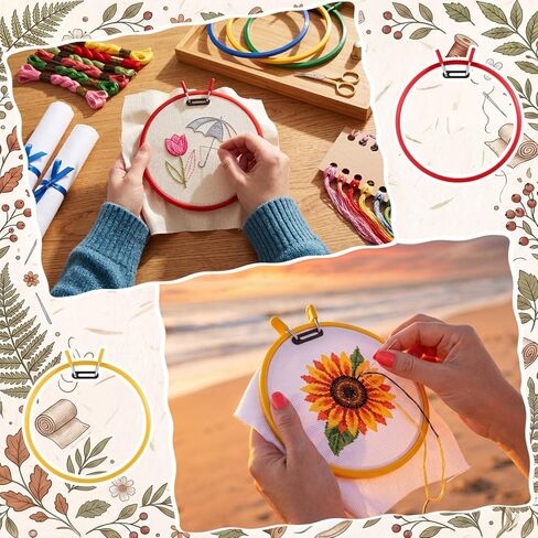 ElaraBerry 4 Pcs 7.7" Metal Spring Tension Embroidery Hoops Red Yellow Blue Green No-Slip Cross Stitch Hoop Circle Round Embroidery Tension Shed for Cross Stitch Needlework Sewing Craft Projects in Saudi Arabia