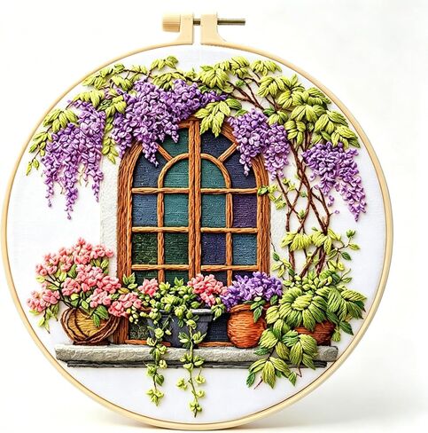 Zhenqing Wisteria by The Window Embroidery Kit for Beginners, Pre-Printed 29x29cm Cotton Fabric with 20cm Hoop, Cozy Vintage Window Design (JC0028 in Saudi Arabia