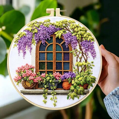 Zhenqing Wisteria by The Window Embroidery Kit for Beginners, Pre-Printed 29x29cm Cotton Fabric with 20cm Hoop, Cozy Vintage Window Design (JC0028 in Saudi Arabia