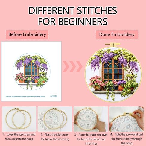 Zhenqing Wisteria by The Window Embroidery Kit for Beginners, Pre-Printed 29x29cm Cotton Fabric with 20cm Hoop, Cozy Vintage Window Design (JC0028 in Saudi Arabia