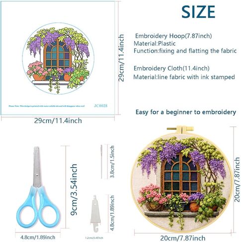 Zhenqing Wisteria by The Window Embroidery Kit for Beginners, Pre-Printed 29x29cm Cotton Fabric with 20cm Hoop, Cozy Vintage Window Design (JC0028 in Saudi Arabia