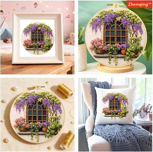 Zhenqing Wisteria by The Window Embroidery Kit for Beginners, Pre-Printed 29x29cm Cotton Fabric with 20cm Hoop, Cozy Vintage Window Design (JC0028 in Saudi Arabia