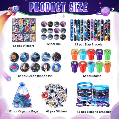 Realspring 133 Pcs Space Theme Birthday Party Favors Galaxy Decorations Supplies Slap Bracelets Silicone Bracelets Stress Balls Pin Stamp Badges DIY Stickers Toy Gifts for Holiday Goodie Bags Stuffers in Kuwait