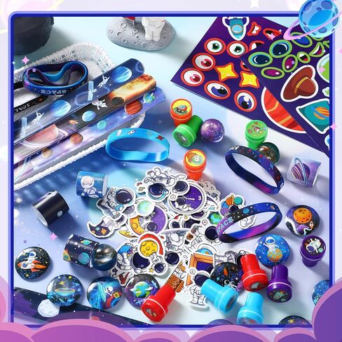Realspring 133 Pcs Space Theme Birthday Party Favors Galaxy Decorations Supplies Slap Bracelets Silicone Bracelets Stress Balls Pin Stamp Badges DIY Stickers Toy Gifts for Holiday Goodie Bags Stuffers in Kuwait