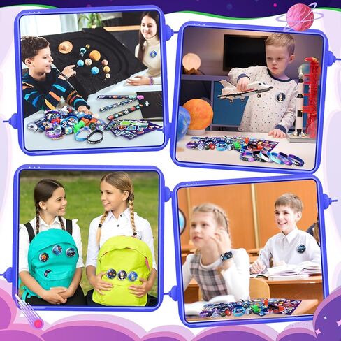 Realspring 133 Pcs Space Theme Birthday Party Favors Galaxy Decorations Supplies Slap Bracelets Silicone Bracelets Stress Balls Pin Stamp Badges DIY Stickers Toy Gifts for Holiday Goodie Bags Stuffers in Kuwait