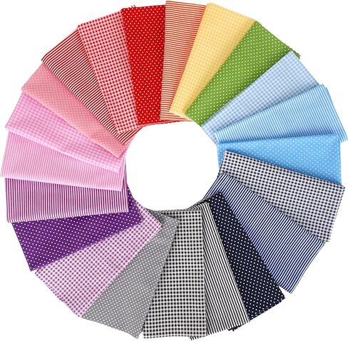 21 Pcs 20 x 20 Inch Cotton Fabric Quilting Patchwork Fabric Fat Quarter Bundles Polka Dots Stripes & Plaids Precut Printed Patchwork for DIY Craft Art Scrapbooking Sewing Handmade in Saudi Arabia