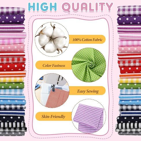 21 Pcs 20 x 20 Inch Cotton Fabric Quilting Patchwork Fabric Fat Quarter Bundles Polka Dots Stripes & Plaids Precut Printed Patchwork for DIY Craft Art Scrapbooking Sewing Handmade in Saudi Arabia
