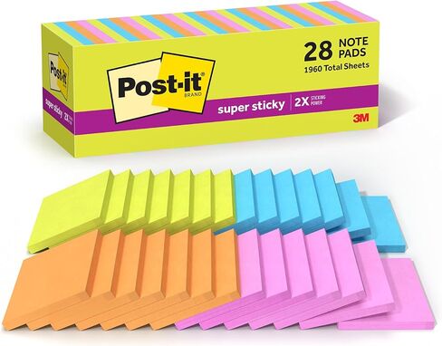 Post-it Super Sticky Notes, 3 in x 3 in (76 mm x 76 mm), Assorted Bright Colors, 28 Pads with 70 Sheets/Pad (1,960 Sheets Total), Super Sticky 2X Adhesive Sticky Notes for Walls, Windows, Calendars in Kuwait