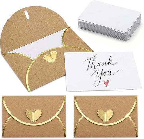 50 Pack Gift Card Envelopes, Kraft Mini Envelopes with Gold Border & Heart Shaped Clasp, Elegant Gift Card Holders for Wedding, Graduation, Birthday & Small Business Supplies (With Cards) in Saudi Arabia