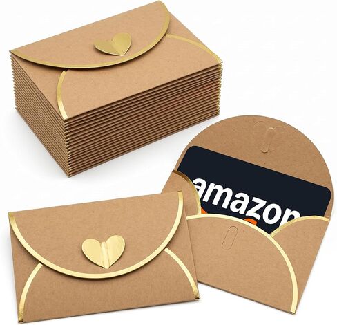 50 Pack Gift Card Envelopes, Kraft Mini Envelopes with Gold Border & Heart Shaped Clasp, Elegant Gift Card Holders for Wedding, Graduation, Birthday & Small Business Supplies (With Cards) in Saudi Arabia
