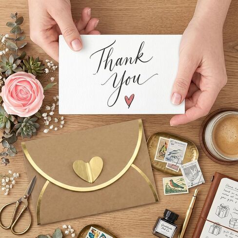 50 Pack Gift Card Envelopes, Kraft Mini Envelopes with Gold Border & Heart Shaped Clasp, Elegant Gift Card Holders for Wedding, Graduation, Birthday & Small Business Supplies (With Cards) in Saudi Arabia