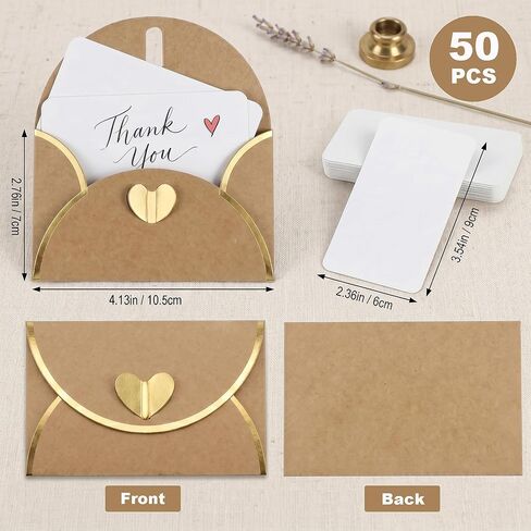 50 Pack Gift Card Envelopes, Kraft Mini Envelopes with Gold Border & Heart Shaped Clasp, Elegant Gift Card Holders for Wedding, Graduation, Birthday & Small Business Supplies (With Cards) in Saudi Arabia