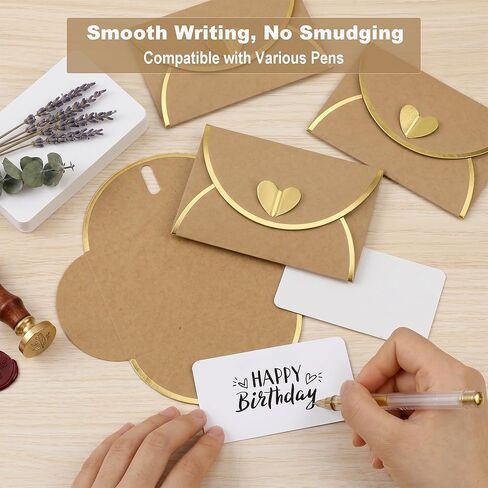 50 Pack Gift Card Envelopes, Kraft Mini Envelopes with Gold Border & Heart Shaped Clasp, Elegant Gift Card Holders for Wedding, Graduation, Birthday & Small Business Supplies (With Cards) in Saudi Arabia