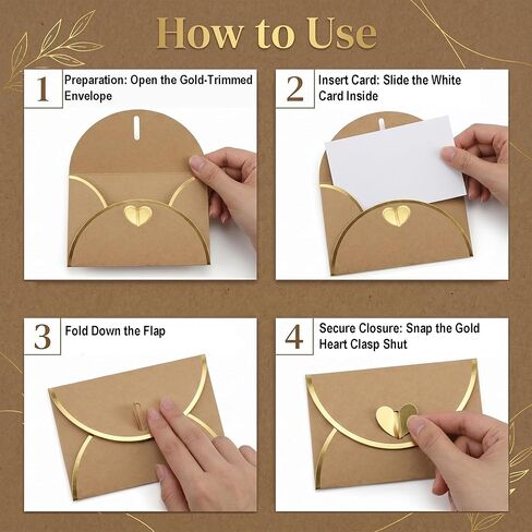 50 Pack Gift Card Envelopes, Kraft Mini Envelopes with Gold Border & Heart Shaped Clasp, Elegant Gift Card Holders for Wedding, Graduation, Birthday & Small Business Supplies (With Cards) in Saudi Arabia
