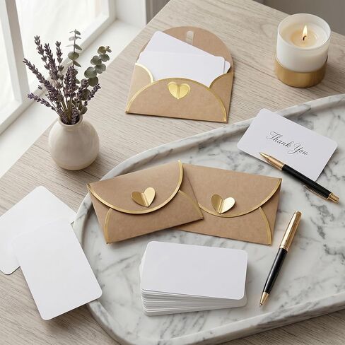 50 Pack Gift Card Envelopes, Kraft Mini Envelopes with Gold Border & Heart Shaped Clasp, Elegant Gift Card Holders for Wedding, Graduation, Birthday & Small Business Supplies (With Cards) in Saudi Arabia