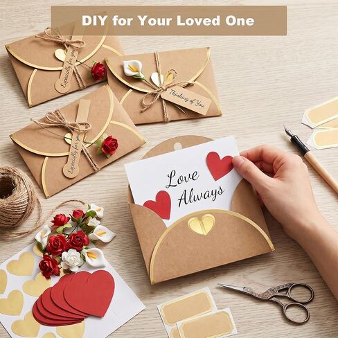 50 Pack Gift Card Envelopes, Kraft Mini Envelopes with Gold Border & Heart Shaped Clasp, Elegant Gift Card Holders for Wedding, Graduation, Birthday & Small Business Supplies (With Cards) in Saudi Arabia