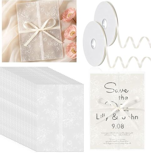 100 Pcs Pre Folded Floral Vellum Jackets for 5x7 Invitations, Wedding Translucent Vellum Paper with Ribbon, Envelope Liners for Wedding Bridal Baby Shower Birthday Mother Event(White) in Saudi Arabia