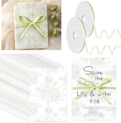 100 Pcs Pre Folded Floral Vellum Jackets for 5x7 Invitations, Wedding Translucent Vellum Paper with Ribbon, Envelope Liners for Wedding Bridal Baby Shower Birthday Mother Event(White) in Saudi Arabia