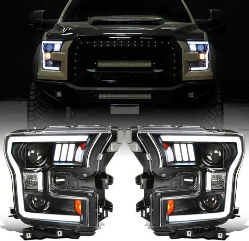 Ronnin - يناسب 2015-2017 Ford F150 LED زوج مجموعة المصابيح الأمامية لجهاز العرض المزدوج الهالوجين | أسود in Kuwait