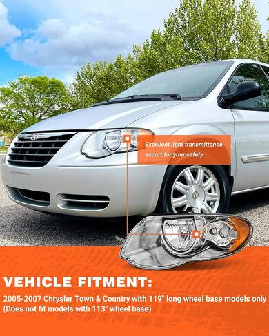 Headlight Assembly Compatible with 2005 2006 2007 Chrysler Town & Country Chrome Housing Amber Reflector Headlamp Driver and Passenger Side(Bulbs Not Included) in Kuwait
