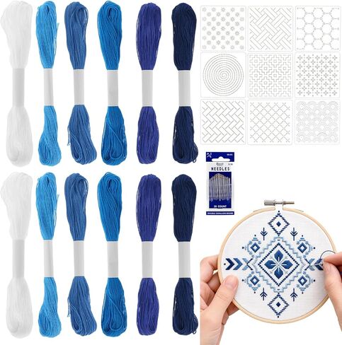41 Pcs Sashiko Thread Kit Includes 12 Blue Sashiko Thread 9 Templates and 20 Needles, Cotton 8.75 Yards/8 M Each, Embroidery Accessories for Denim Mending Sewing Hand Quilting Supplies in Saudi Arabia