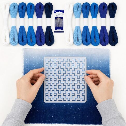 41 Pcs Sashiko Thread Kit Includes 12 Blue Sashiko Thread 9 Templates and 20 Needles, Cotton 8.75 Yards/8 M Each, Embroidery Accessories for Denim Mending Sewing Hand Quilting Supplies in Saudi Arabia