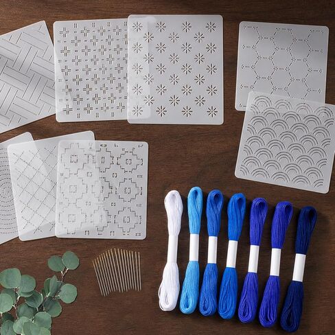 41 Pcs Sashiko Thread Kit Includes 12 Blue Sashiko Thread 9 Templates and 20 Needles, Cotton 8.75 Yards/8 M Each, Embroidery Accessories for Denim Mending Sewing Hand Quilting Supplies in Saudi Arabia