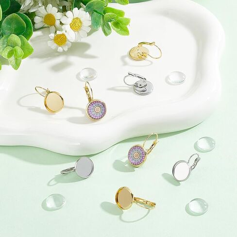UNICRAFTALE 40 Sets 2 Colors 304 Stainless Steel Leverback Earring Bezel Tray 12mm Flat Round Blank Cabochons Tray Earring Components Blank Dome Earrings with Glass Cabochons for Earrings Making in Kuwait