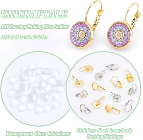 UNICRAFTALE 40 Sets 2 Colors 304 Stainless Steel Leverback Earring Bezel Tray 12mm Flat Round Blank Cabochons Tray Earring Components Blank Dome Earrings with Glass Cabochons for Earrings Making in Kuwait