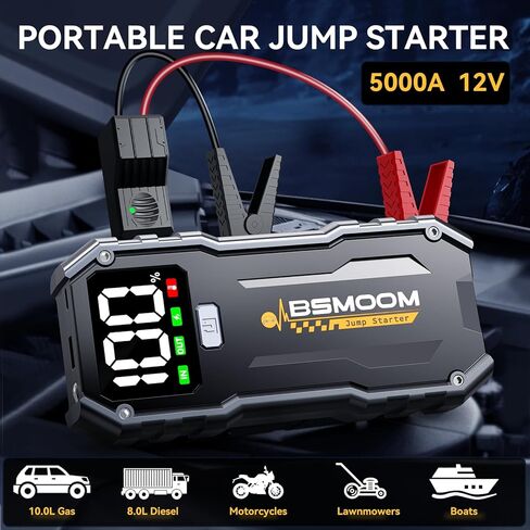 Car Jump Starter,5000A Portable Car Jump Starter Battery Pack (10.0L Gas/8L Diesel) 12V Car Battery Charger Jumper Starter, Jumper Cables,Portable Lithium Jump Box with LED Light/USB QC3.0 in Saudi Arabia