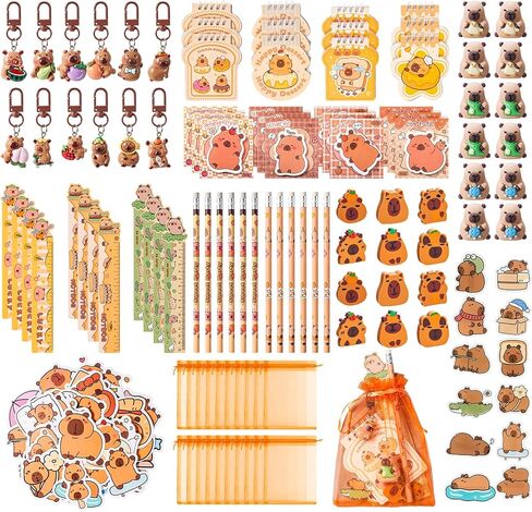 Nosiny 158 Pcs Capybara Party Favors Animal Birthday Stationery Set, Capybara Pencil Ruler Eraser Pencil Sharpener Keychain Notebook Sticky Note Brooch Stickers for Back to School Goody Bags in Kuwait