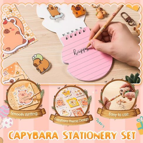 Nosiny 158 Pcs Capybara Party Favors Animal Birthday Stationery Set, Capybara Pencil Ruler Eraser Pencil Sharpener Keychain Notebook Sticky Note Brooch Stickers for Back to School Goody Bags in Kuwait