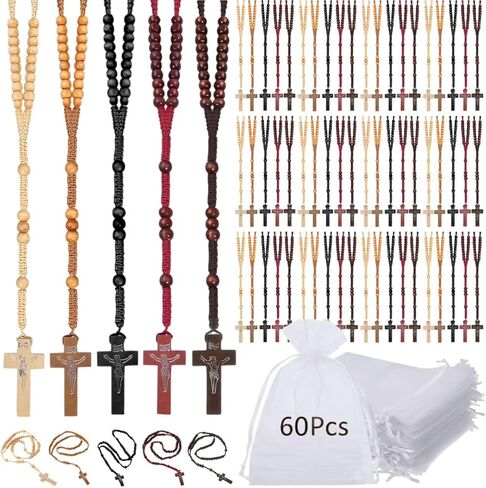 60Pcs Olive Wooden Rosary Beads Bulk with Cross Pendant and Organza Bags, 5 Colors Catholic Prayer Beads for Church Events, Baptism, Retreat, Wedding, Memorial Gifts in Saudi Arabia