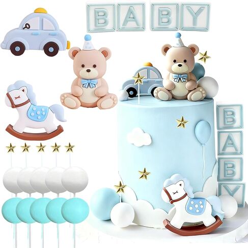 Teddy Bear Cake Topper, Bear Cake Toppers Teddy Bear Birthday Cake Decorations Baby Bear Baby Shower Cake Topper Bears Decoration with Blue Balls for Baby Shower Birthday in Saudi Arabia