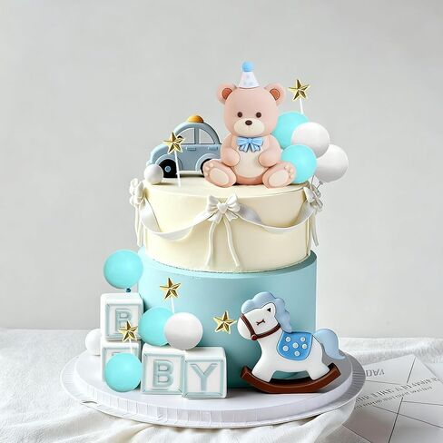 Teddy Bear Cake Topper, Bear Cake Toppers Teddy Bear Birthday Cake Decorations Baby Bear Baby Shower Cake Topper Bears Decoration with Blue Balls for Baby Shower Birthday in Saudi Arabia