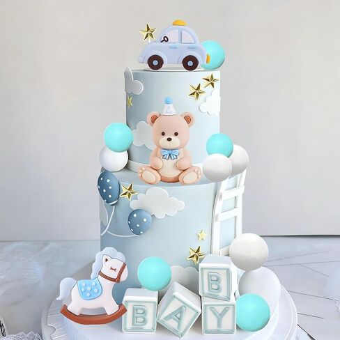 Teddy Bear Cake Topper, Bear Cake Toppers Teddy Bear Birthday Cake Decorations Baby Bear Baby Shower Cake Topper Bears Decoration with Blue Balls for Baby Shower Birthday in Saudi Arabia