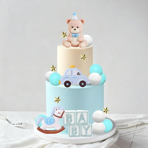 Teddy Bear Cake Topper, Bear Cake Toppers Teddy Bear Birthday Cake Decorations Baby Bear Baby Shower Cake Topper Bears Decoration with Blue Balls for Baby Shower Birthday in Saudi Arabia