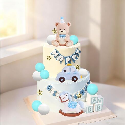 Teddy Bear Cake Topper, Bear Cake Toppers Teddy Bear Birthday Cake Decorations Baby Bear Baby Shower Cake Topper Bears Decoration with Blue Balls for Baby Shower Birthday in Saudi Arabia
