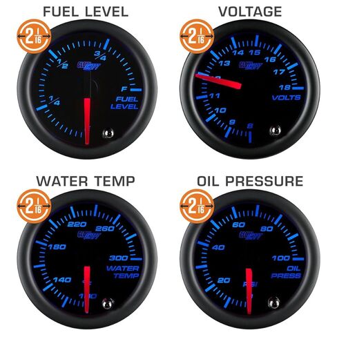 مجموعة لوحة القيادة المخصصة GlowShift Tinted 7 Color 6 Gauge - 3-3/8 بوصة (85 مم) عداد السرعة ومقياس سرعة الدوران - 2-1/16 بوصة (52 مم) مستوى الوقود وضغط الزيت ودرجة حرارة الماء ومقاييس الفولت - تتضمن أجهزة استشعار وأسلاك in Kuwait