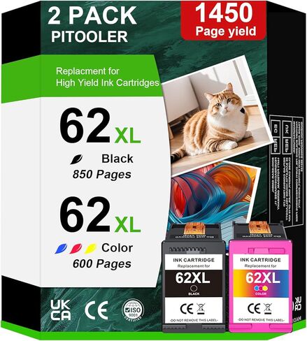 مجموعة خراطيش حبر 62XL بديلة لحبر الطابعة HP 62 62 XL تستخدم مع Officejet 5740 200 250 258 Envy 7640 5660 5540 7645 (1 أسود، 1 لون) in Kuwait