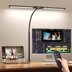 SKYLEO LED Desk Lamp with Clamp - Double Head Desk Light with Remote and Touch - Eye Protection - 12 W, 5 Color Modes, Timer and Memory Function, Flexible Gooseneck - for Office, Reading - Black in Saudi Arabia