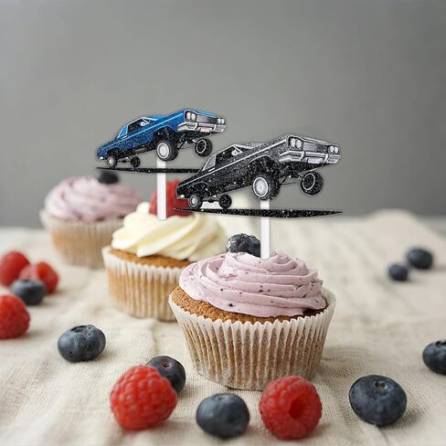 18pcs بريق الكلاسيكية خمر سيارة كب كيك توبر يهتف إلى الرجعية منخفضة رايدر موضوع الذكرى حزب الديكور يختار للرجال النساء عيد ميلاد سعيد ديكور لوازم in Kuwait