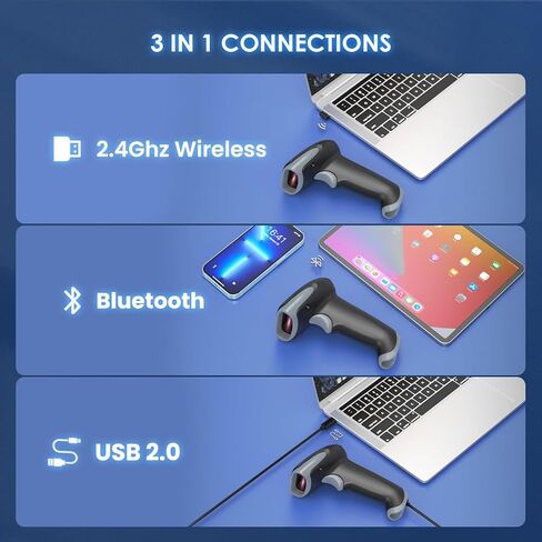 Eyoyo 2D 1D ماسح الباركود اللاسلكي مع حامل، قارئ ماسح الباركود 3 في 1 2.4G اتصال USB لاسلكي وبلوتوث وسلكي، ماسح ضوئي محمول لرمز QR لهواتف iPhone، Mac، Android، المتجر، المستودع، المكتبة in Kuwait
