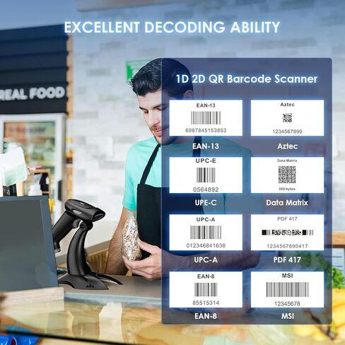 Eyoyo 2D 1D ماسح الباركود اللاسلكي مع حامل، قارئ ماسح الباركود 3 في 1 2.4G اتصال USB لاسلكي وبلوتوث وسلكي، ماسح ضوئي محمول لرمز QR لهواتف iPhone، Mac، Android، المتجر، المستودع، المكتبة in Kuwait