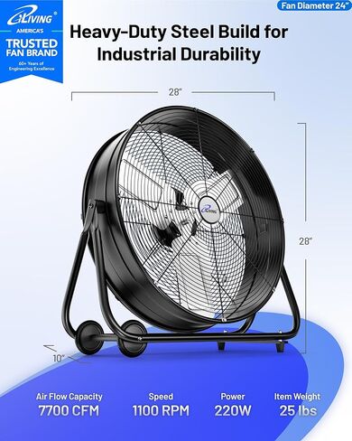 iLIVING 24" High Velocity Drum Fan Industrial, Commercial, Residential Air Circulator for Garage, Shop, Patio, Barn, Greenhouse, Speed Control 7700CFM, UL Listed,Black in Saudi Arabia