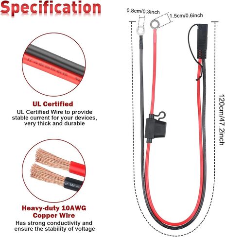 SAE Battery Connector, 10AWG SAE to Ring Terminal Cable with 15A 20A 30A Protection Fuse 2-Pin SAE Quick Disconnect Battery Terminal Extension Cable for Motorcycle RVs Boats 4Ft in Saudi Arabia